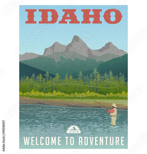 Idaho, United States travel poster or sticker. Fly fishing in mountain stream.