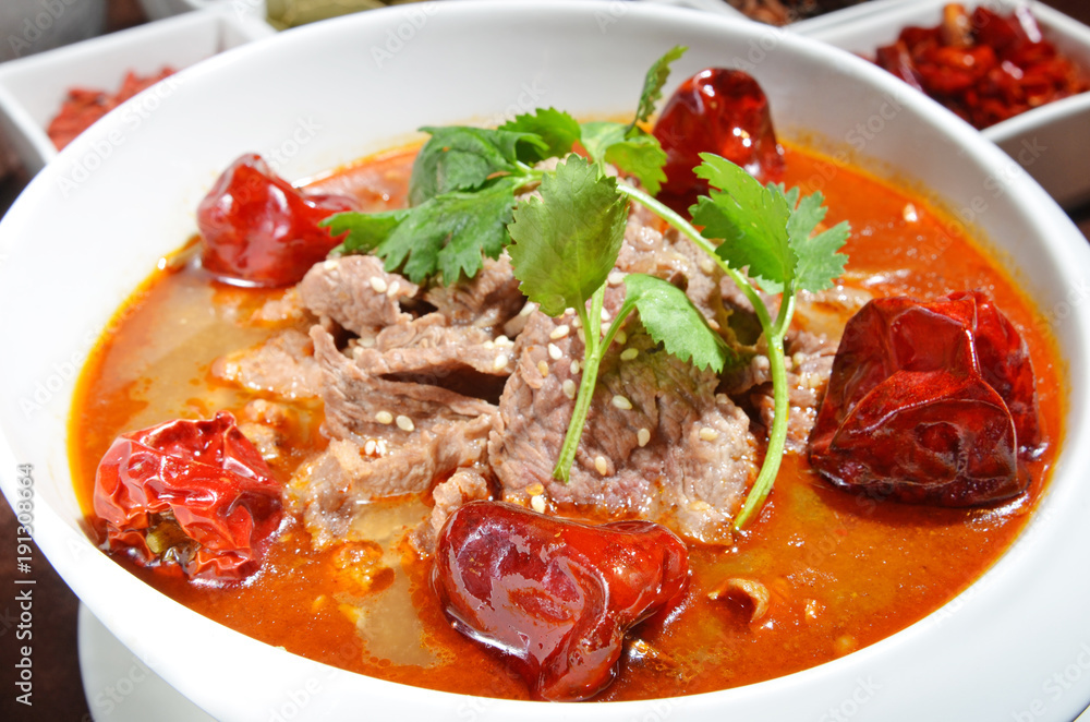 Chinese food sichuan cuisine , poached sliced beef hot chili oil Chinese food sichuan cuisine , poached sliced beef hot chili oil