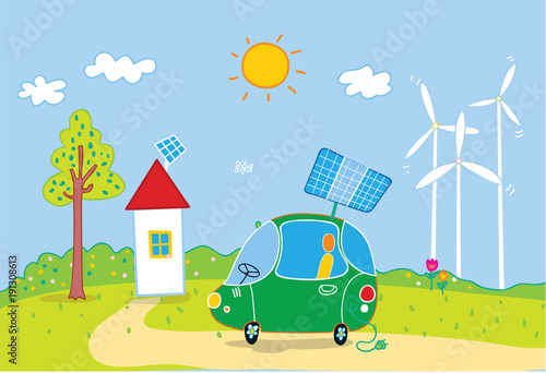 Ecology city concept as the solar and wind energy using, ecology car.