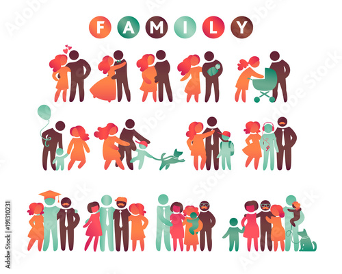 Happy family icon multicolored set in simple figures. Children, dad and mom stand together. Vector can be used as logotype