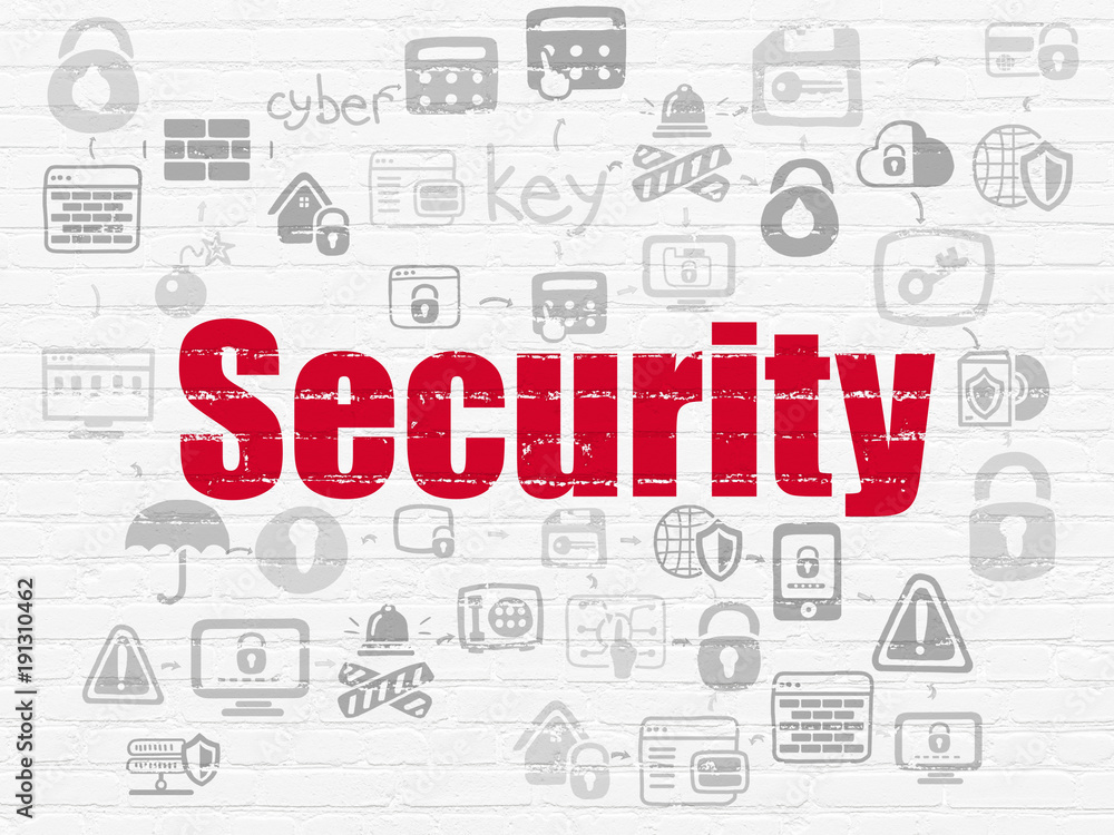 Security concept: Painted red text Security on White Brick wall background with Scheme Of Hand Drawn Security Icons