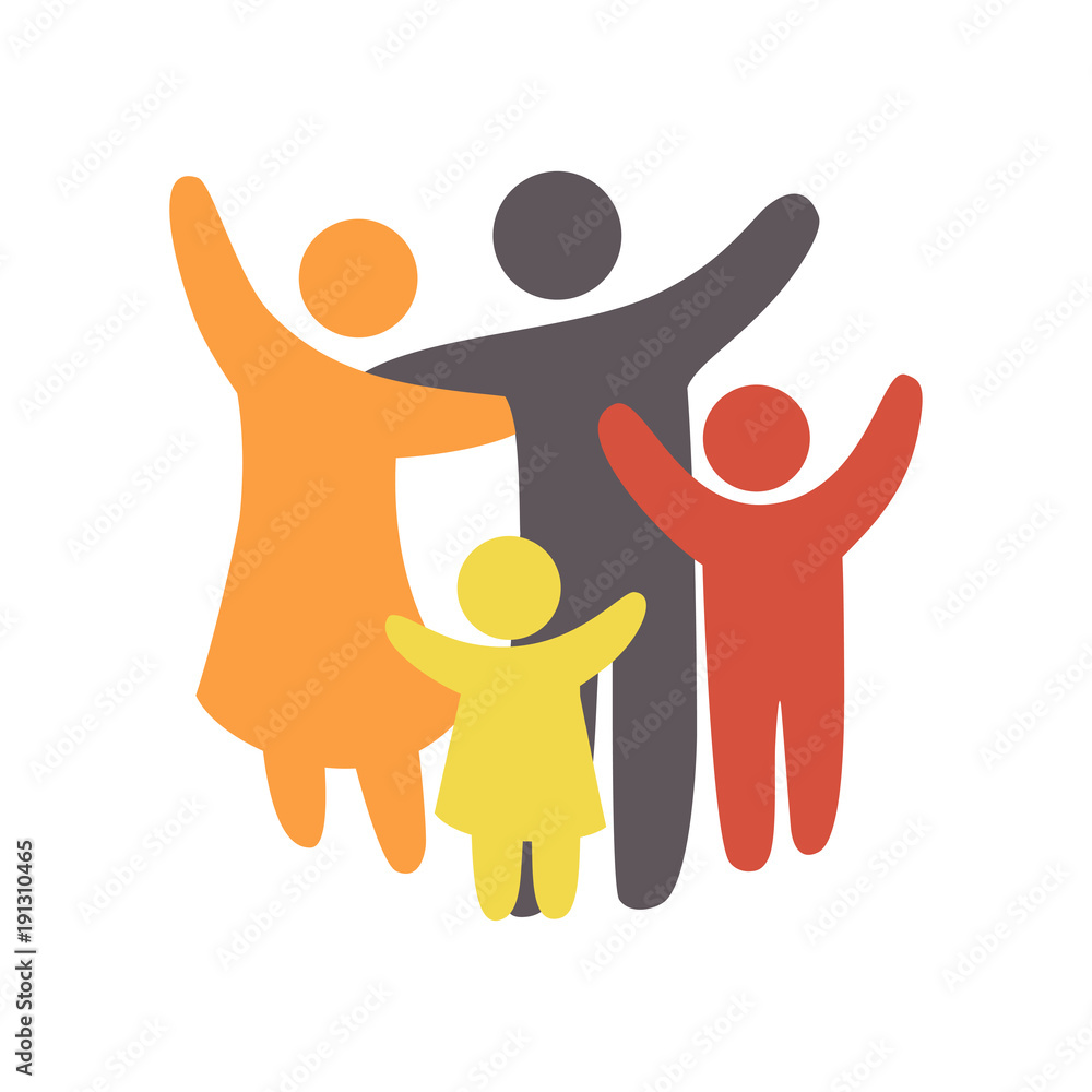 © lara_cold - Happy family icon multicolored in simple figures. Two children, dad and mom stand together. Vector can be used as logotype