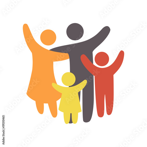 Happy family icon multicolored in simple figures. Two children  dad and mom stand together. Vector can be used as logotype