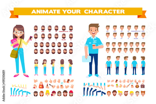 Front, side, back view animated characters. Male and female Students creation set with various views, hairstyles, face emotions, poses and gestures. Cartoon style, flat vector illustration.