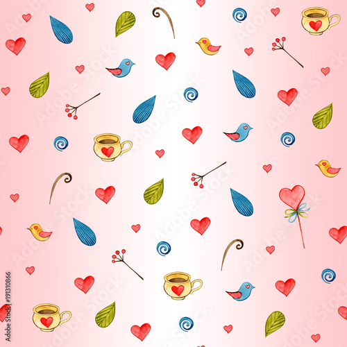Watercolor hearts seamless background. Pink heart pattern. Colorful romantic texture.
