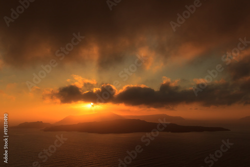 Sunset at Santorini Island with view to Caldera, Nea Kameni