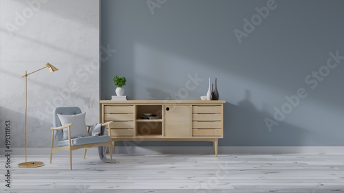 Fotografie Loft and Modern mid Century interior of living room, Blue armchairs with wood si