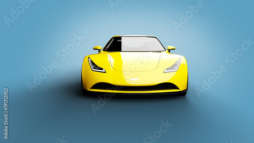 yellow sports car on blue background, photorealistic 3d render, generic design, non-branded