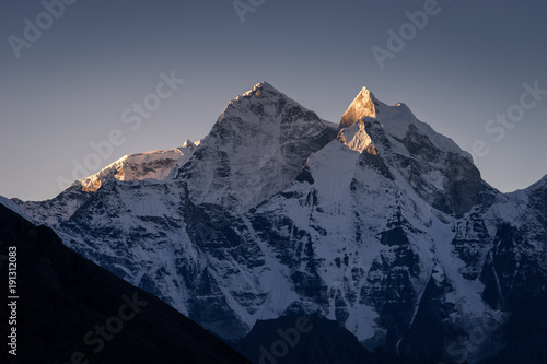 Kangtega mountain peak in a morning sunrise, Everest region trek, Nepal