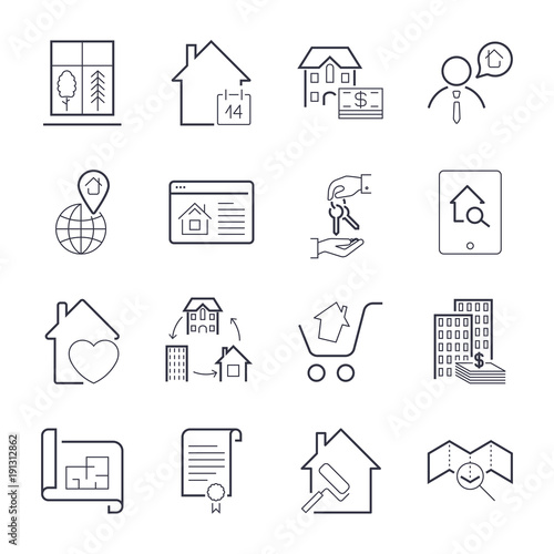 Real estate thin line art icons set. Residential and commercial building deals. Linear style symbols isolated on white. Icon set with editable stroke