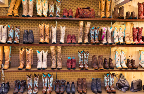 Cowboy boots on a shelf in a store, front view