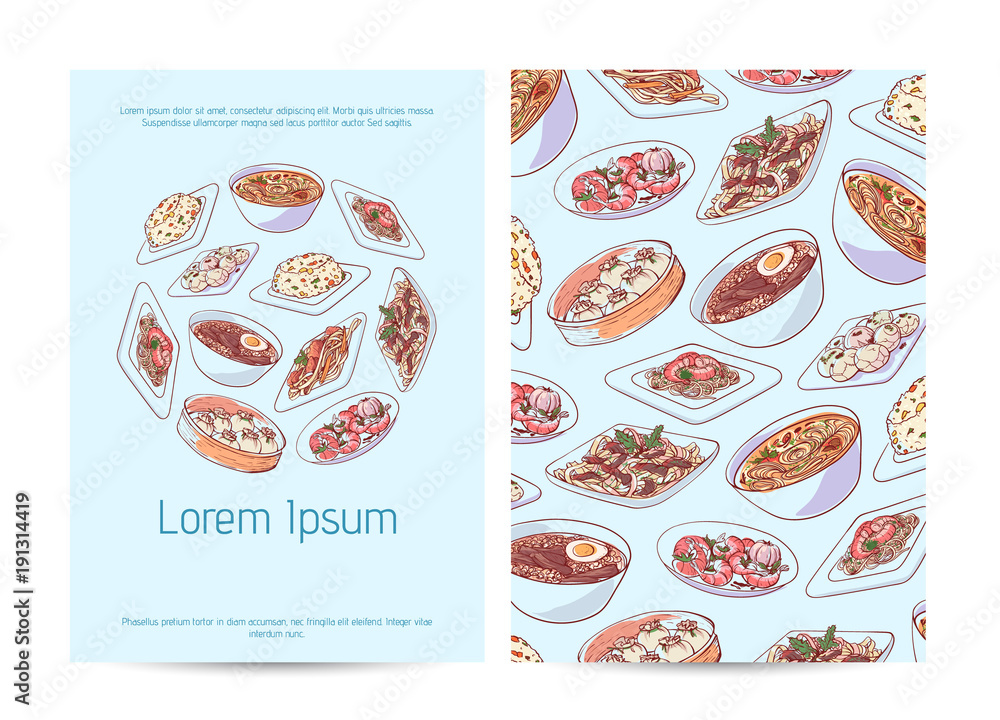 Chinese restaurant menu design with asian dishes. Dim sum, fried rice with vegetables, marble eggs, ramen soup, noodles with seafoods vector illustration. Famous chinese cuisine, oriental food.