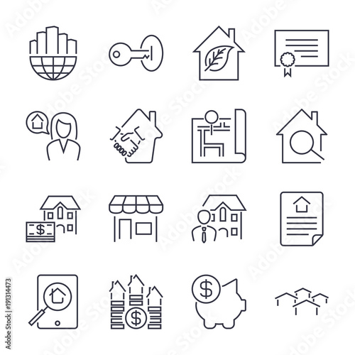 Real Estate icons on the white background deal, money box, search, realtor, ecologic home and other. Icons set with editable stroke