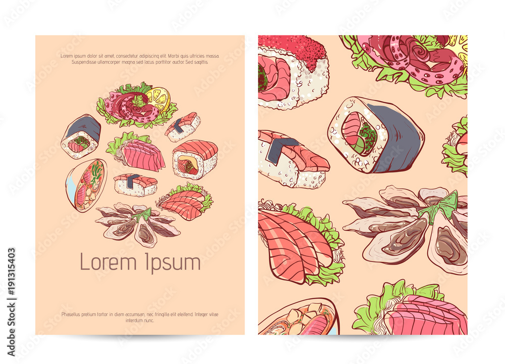 Japanese restaurant menu cover layout with famous asian dishes. Delicious octopus, oysters, tuna, nigiri, sushi roll with shrimps, sashimi with salmon and soup with seafoods vector illustration.