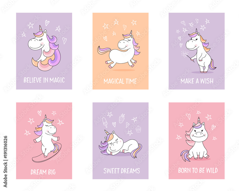 Plakat Cute unicorn greeting cards with quotes and magical symbols
