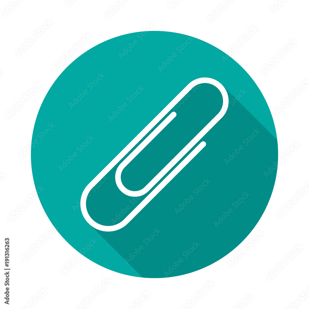 Paper clip circle icon with long shadow. Flat design style. Paper clip simple silhouette. Modern, minimalist, round icon in stylish colors. Web site page and mobile app design vector element. Paper clip circle icon with long shadow. Flat design style. Paper clip simple silhouette. Modern, minimalist, round icon in stylish colors. Web site page and mobile app design vector element.