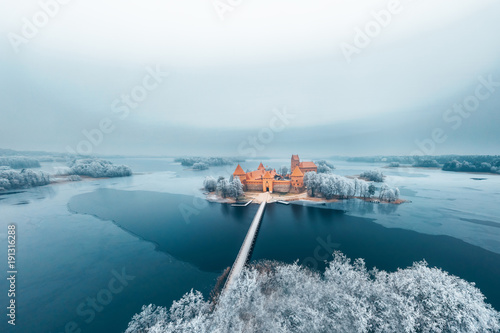 Trakai Island Castle, winter season, aerial view. History Museum.