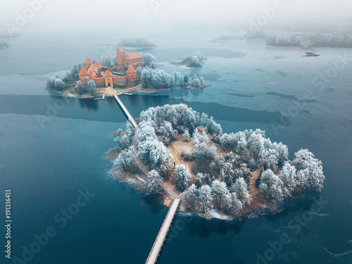 Trakai Island Castle, winter season, aerial view. History Museum. photo