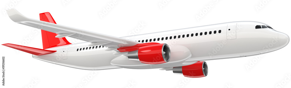 High detailed white airliner with a red tail wing, 3d render on a white background. Airplane Take Off, isolated 3d illustration. Airline Concept Travel Passenger plane. Jet commercial airplane High detailed white airliner with a red tail wing, 3d render on a white background. Airplane Take Off, isolated 3d illustration. Airline Concept Travel Passenger plane. Jet commercial airplane