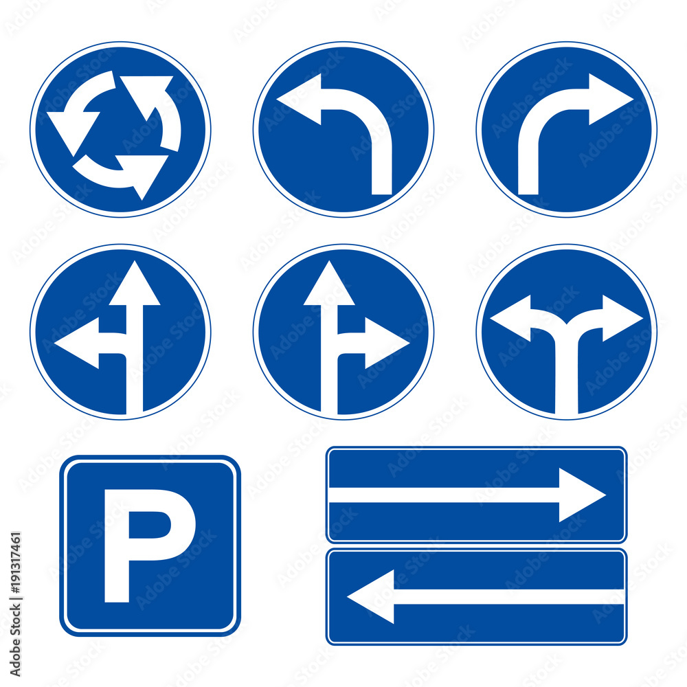 Road sign. Parking sign. Sign of the direction of movement. Road sign. Parking sign. Sign of the direction of movement.