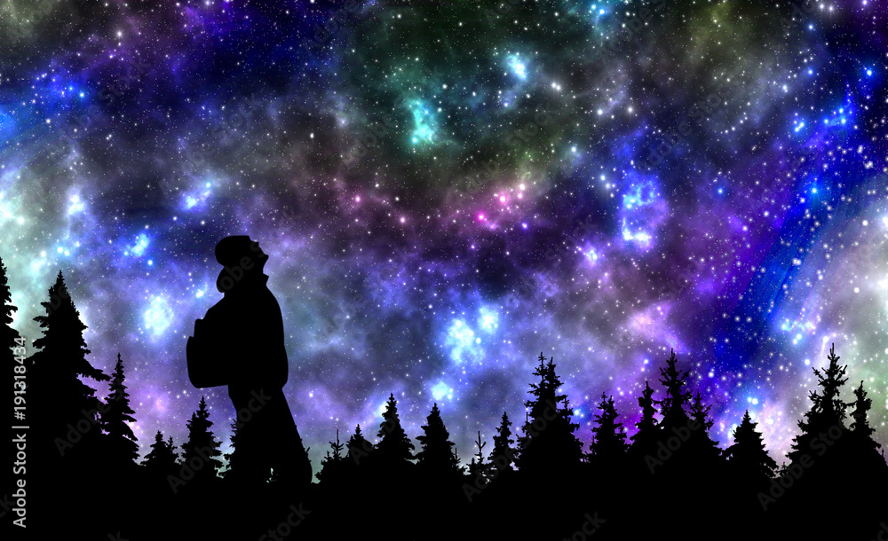 Person with backpack watching the stars in night sky above the pine forest