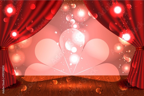 A theater stage with a red curtain and a spotlight and wooden floor. Festival Night Show poster. 