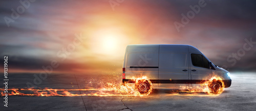 Fotografie, Obraz Super fast delivery of package service with van with wheels on fire