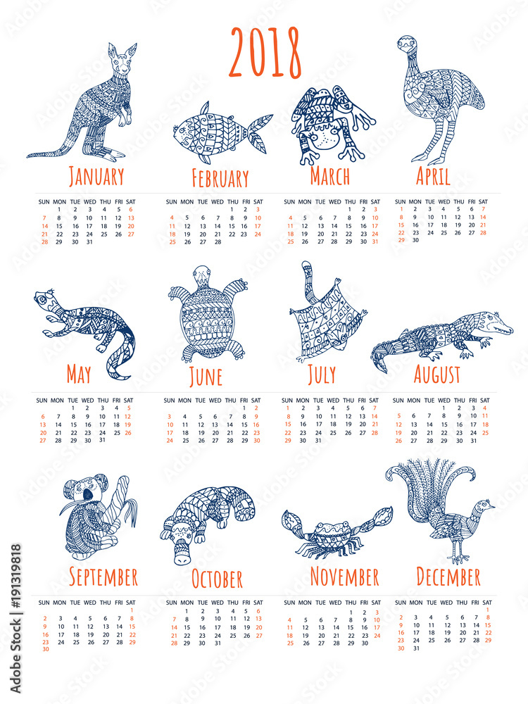 Calendar for 2018 with australian animals. Stylized tribal animal calendar with white background. Stock Vector | Adobe Stock calendar-for-2018-with-australian-animals-stylized-tribal-animal-calendar-with-white-background-stock-vector-adobe-stock