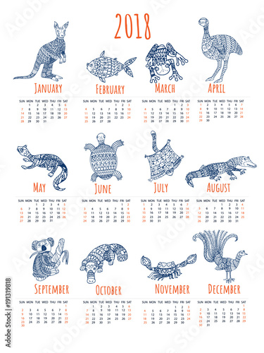 Calendar for 2018 with australian animals. Stylized tribal animal calendar with white background.