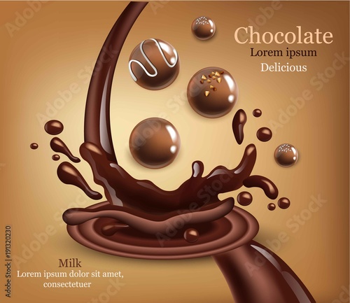 Round chocolates with splash Vector realistic. Detailed 3d illustration mock ...