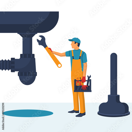 Professional plumber with an adjustable wrench hold in hand repairing plumbing, isolated. Plumbing service, repair fix leaking. Vector illustration flat design.Fixing pipe. Washbasin, plunger.