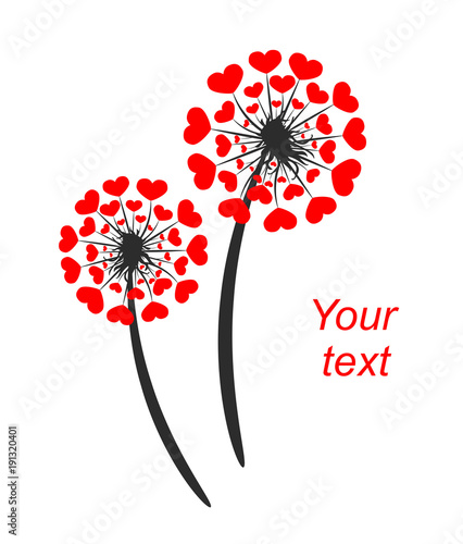 Abstract dandelion with hearts. Dandelion and hearts on a white background