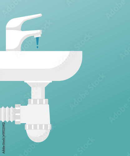 White wash basin with a tap in the bathroom. San knot isolated on background. Vector illustration flat design. Sanitary equipment. Water from tap. Siphon under the sink.