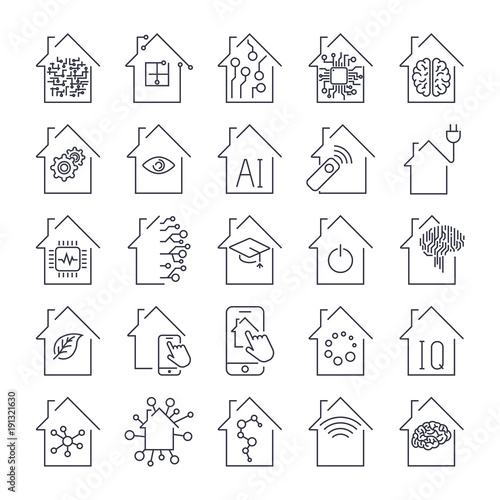 Simple set of smart house related line icons. Smart Home and Technology icons set. Editable Stroke.