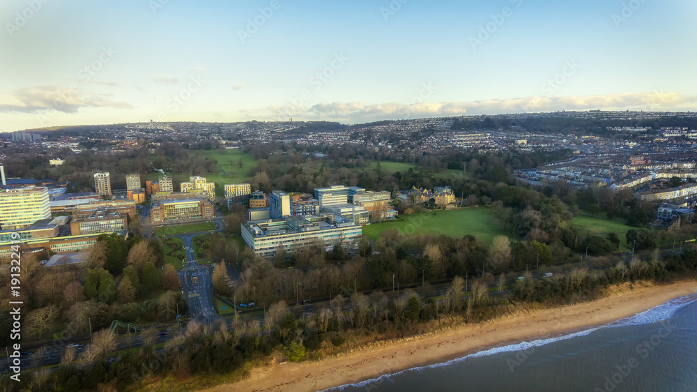 Editorial Swansea, UK - February 4, 2018: Singleton Park, the major open parkland in the city, and Swansea University which has recently expanded with a campus near Jersey Marine