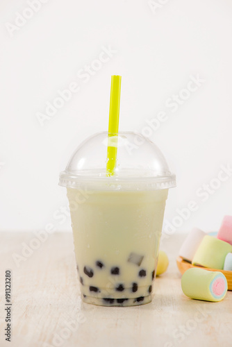 Strawberry Boba Bubble Tea with marshmallow and crushed ice.