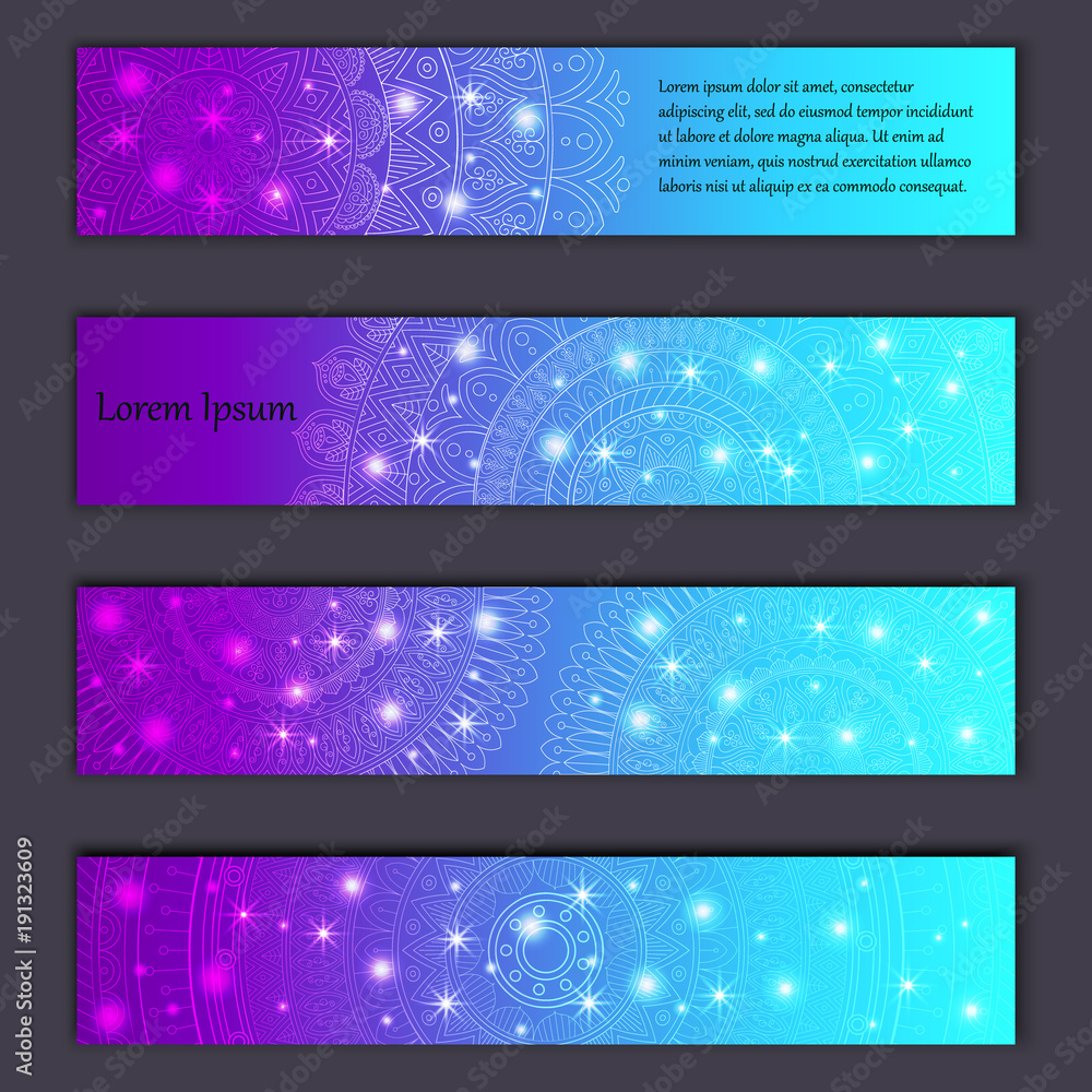 Banner card set with floral glowing decorative mandala elements background. Tribal,ethnic,Indian, Islam, Arabic, ottoman motifs Banner card set with floral glowing decorative mandala elements background. Tribal,ethnic,Indian, Islam, Arabic, ottoman motifs