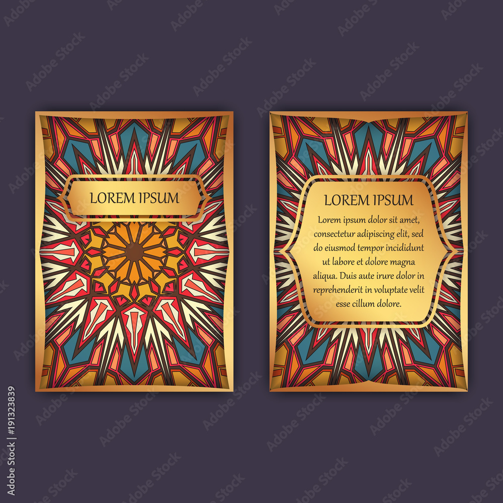 Vintage cards with floral mandala pattern and ornaments. Front page and back page. Luxury design.
