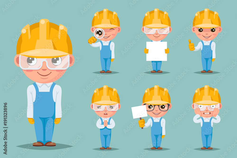 Builder engineer technician mechanic cute mascot happy support approval cartoon characters set design vector illustration Builder engineer technician mechanic cute mascot happy support approval cartoon characters set design vector illustration