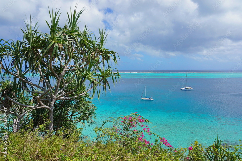 Green vegetation and sailboat anchored in blue water of a tropical lagoon, south Pacific ocean, Huahine island, French Polynesia