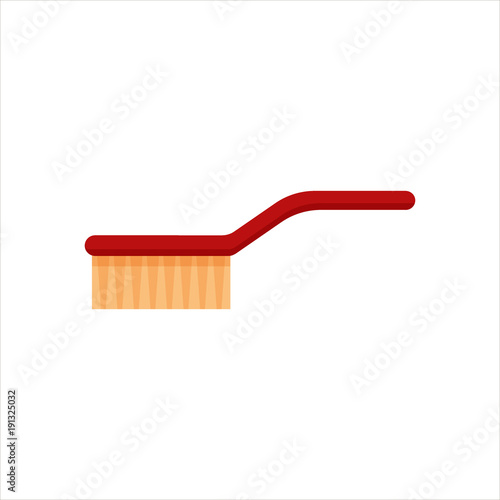 Red flat cleaning brush for cleaning and washing house isolated on white background. Cleaning service logo, laundry detergent and disinfectant product, cleaner for toilet, bath, kitchen - flat vector