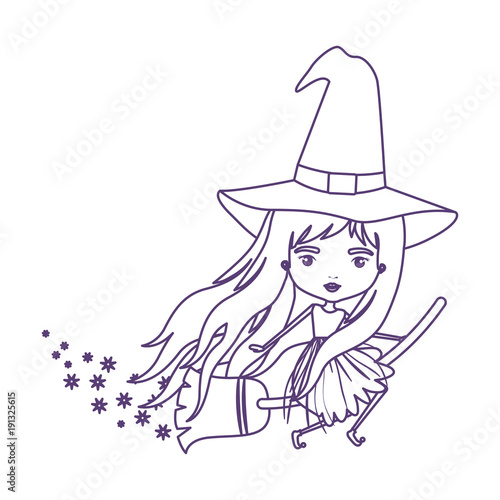 cute witch flying with broom and trace of stars in purple contour over white background vector illustration
