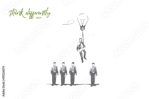 Think differently concept. Hand drawn person with lightbulb in hand as symbol of new idea. Man flying from crowd with light bulb isolated vector illustration.