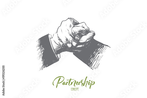 Partnership concept. Hand drawn friendly handshake between business partners. Handshaking as symbol of successful agreement isolated vector illustration.