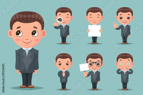 Cute businessman mascot happy support approval cartoon characters set design vector illustration