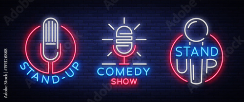 Comedy Show Stand Up An invitation collection of neon signs. Logotype set, Emblem Bright flyer, light poster, neon banner, bright night commercials advertisement, card, postcard. Vector illustration