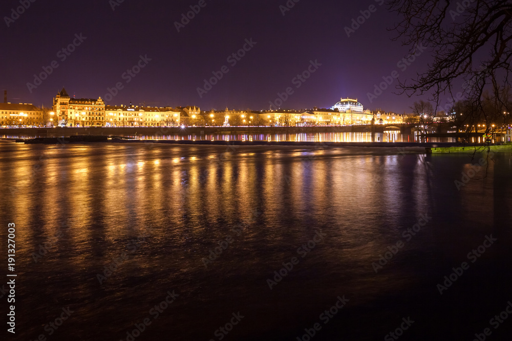 The night View on the Prague National Theater above the River Vltava, Czech Republic