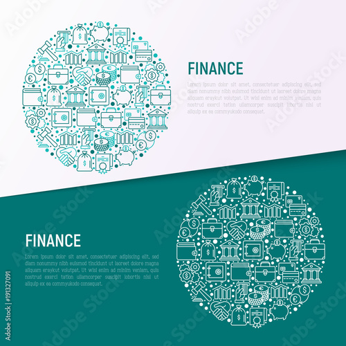 Finance concept in circle with thin line icons: safe, credit card, piggy bank, wallet, currency exchange, hammer, agreement, handshake, atm slot. Modern vector illustration for web page, print media.