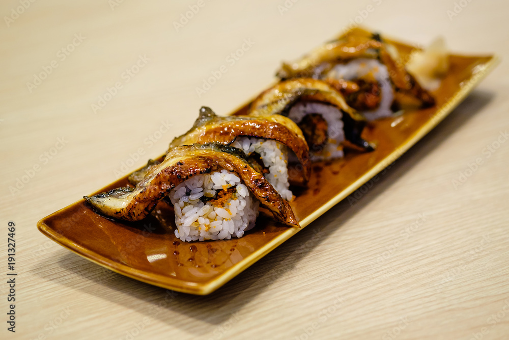 Unagi sushi rolls on plate,Japanes style Unagi sushi rolls on plate,Japanes style