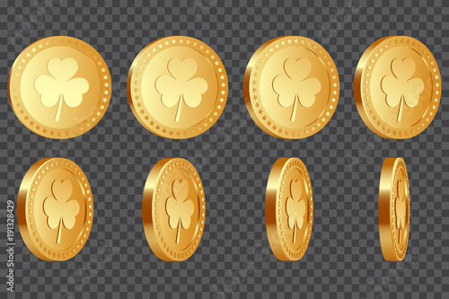Set of 3d three-leaf clover golden coins. Elements for Saint Patrick's day. Isolated on transparent background. Vector illustration.